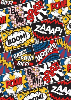 an image of comic book covers with the words boom, pow, and bam on them