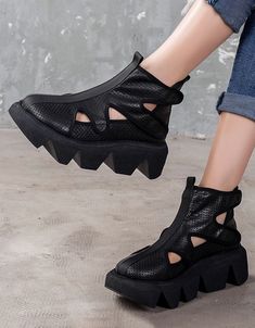 Front Velcro Hollow Retro Platform Cut-out Sandals — Obiono Mori Girl Fashion, Oxford Boots, Sandals Brands, Western Cowboy Boots, Fashion Seasons, Spring Shoes, Heel Type, Black Ankle Boots, Western Boots