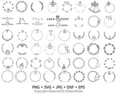 various christmas wreaths and ornaments are drawn in black ink on a white paper background