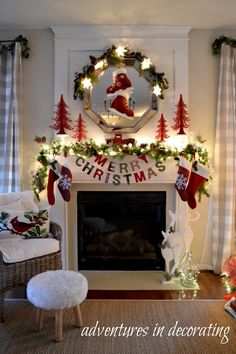 a fireplace decorated for christmas with lights and stockings