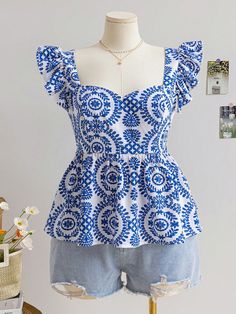 Plus Size Women's Vintage Romantic Chinoiserie Floral Print Mandarin Collar Puff Sleeve Casual Vacation Blouse Blue and White Boho  Cap Sleeve Woven Fabric Geometric,Tribal,All Over Print Peplum Slight Stretch  Women Plus Clothing, size features are:Bust: ,Length: ,Sleeve Length: Floral Chinoiserie, Floral Skirt Outfits, Romantic Blue, Stylish Kurtis Design, Summer Holiday Outfits, Cap Sleeve Blouse