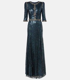 Pretty Thing embellished sequined gown in blue - Jenny Packham | Mytheresa Sequined Gown, Embellished Gown, Jenny Packham, Three Quarter Sleeves, Three Quarter, Designing Women, Evening Dresses, Color Design, Round Neck