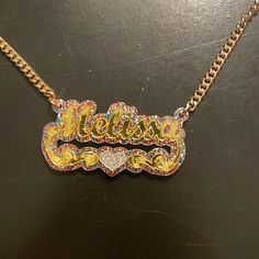 Colorful Name Plate Gold Name Plate Necklace Aesthetic, Trendy Nameplate Necklace, Custom Name Gold Plated Nameplate Jewelry, Pink Custom Name Nameplate Jewelry, Gold-plated Nameplate Necklace, Melissa Name, 14k Gold Tarnish-resistant Nameplate Necklace, Name Plate Necklace, Name Plates