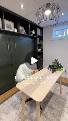 an office with a desk and shelves in the background that says, 101 murphy bed