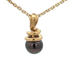 "Black Cultured Akoya Pearl Drop Pendant ~  14k Yellow Gold ~ Swirled Bail ~ ET1514 Chain is not included Metal Content: Solid  14k Yellow Gold Cultured Black Akoya Pearl: 8.25mm  Pendant Measurements Length:  3/4\" (19mm) Width:  5/16\" (8mm) Bail opening: 4mm x 3mm Weight:  2.14 Grams Stamps: 14K Condition: Very Good Estate- Some natural tiny divots noted on surface of pearl on back and sides.   Each piece is thoroughly examined and refinished as needed by our professional jewelers, tested to Elegant Spiral Jewelry For Formal Occasions, Classic Spiral Jewelry For Formal Occasions, Elegant Yellow Gold Spiral Necklace, Elegant Black Spiral Jewelry, Pearl Drop Pendant, Akoya Pearls, Black Culture, Drop Pendant, Pearl Drop