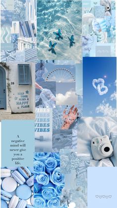 a collage of blue and white images with the words, love is in the air