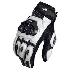 a white and black motorcycle glove on a white background