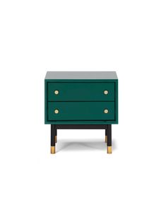 a green nightstand with two drawers on one side and gold knobs on the other