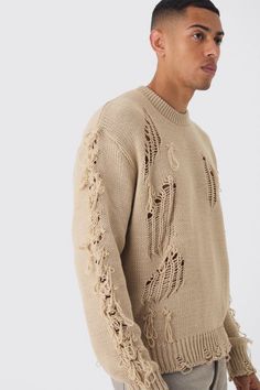 Oversized Distressed Sleeve Knitted Sweater | boohooMAN USA Smart Shoes, Plus Size Joggers, Going Out Trousers, Oversize Pullover, Going Out Shirts, Plus Size Suits, Pull Oversize, Party Mode, Tall Hoodies