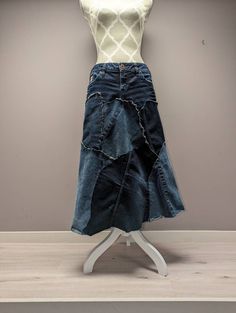 "Upcycled Silver Brand denim patchwork skirt with frayed seams and jagged hem. Waist measures 30\", hips 36\" and length is approximately 29\"." Denim Patchwork Dress, Denim Patchwork Jacket, Patchwork Denim Skirt, Denim Tank, Denim Skirt Outfits, African Fashion Modern, Womens Skirts, Patchwork Skirt, Bleached Denim