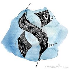 the letter s is drawn with black ink on a blue watercolor background stock photo