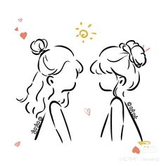 two girls looking at each other with hearts flying around the head and sun above them