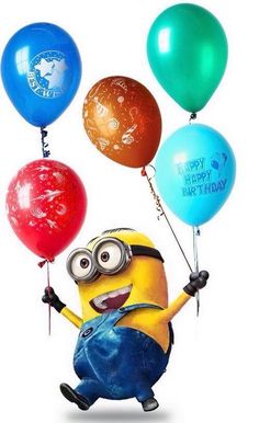 a minion holding balloons that say happy birthday