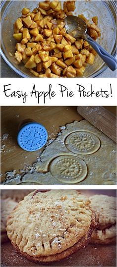 three different pictures with the words easy apple pie pockets on them and an image of some pies