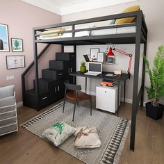 Kamar tidur loteng Loft Bed With Cabinet, Bed With Cabinet, Luxury Bed Frame, Bed Frame Storage, Loft Bed With Storage, Small Apartment Bedroom, Wrought Iron Bed Frames, Luxury Bed Frames, Loft Bunk