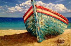 a painting of a boat sitting on the sand at the beach with blue sky and clouds in the background