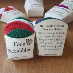 four crocheted cupcakes with instructions on them