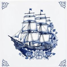 a blue and white drawing of a sailboat with flowers on it's side