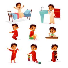 little boy doing different activities in the bathroom and bedroom - miscellaneous objects / character illustrations