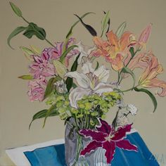 a painting of flowers in a vase on a blue table cloth next to a wall