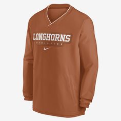 The Texas Longhorns Sideline Windshirt features a water-repellent exterior and a soft, warm interior for inclement weather. A bungee cord at the hem and 2 front pockets add functionality to this team-inspired piece. Nike Casual Brown Tops, Casual Brown Nike Top, Nike Long Sleeve Windbreaker For Sports Events, Brown Long Sleeve Nylon Windbreaker, Warm Interior, Orange Texas, Bungee Cord, Orange T Shirts, Nike Sweatshirts