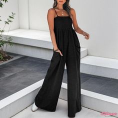 Qteee - Solid Color Sleeveless Pleated Casual High-Waisted Jumpsuit Casual Strapless Stretch Jumpsuit With High Waist, Casual Stretch Strapless Jumpsuit For Beach, Casual Fitted Strapless Jumpsuit, Black High Waist Strapless Jumpsuit Casual, Casual Black Strapless Jumpsuit With High Waist, Casual Black Strapless High-waist Jumpsuit, Halter Jumpsuit, Jumpsuit Trousers, Printed Jumpsuit