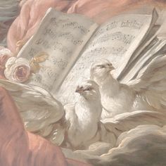 two white doves sitting on top of an open book with music sheets and roses