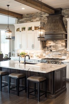 a large kitchen with an island, stove and stools in front of the sink