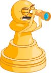 a cartoon character looking through a magnifying glass on top of a chess board