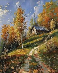 an oil painting of a house on a hill with trees in fall colors and foliage