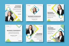 six business powerpoint presentation templates with women in suits on blue and green background