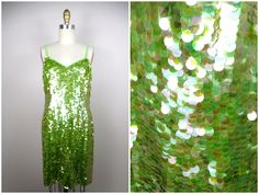 "This is a stunning sequined party dress! It's fully embellished with bright lime green paillette sequins and is in excellent condition! Measurements: Bust - 36\" Waist - 29\" Hips - 38\" Length - 36\" This dress comes from a pet-free and smoke-free home. If you would like more info or have any questions, please don't hesitate to ask!" Spring Contrast Sequin Fabric For Cocktail, Green Cocktail Sequin Dress With Contrast Sequins, Summer Green Sequin Dress For Night Out, Green Sequin Dress With Contrast Sequin For Spring, Spring Green Sequin Dress With Contrast Sequins, Green Sequin Dress For Summer Night Out, Green Sequin Fabric For Spring Party, Summer Wedding Sequin Dress With Contrast Sequin, Summer Wedding Dress With Contrast Sequins