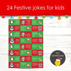 the 24 festive jokes for kids poster is shown on a white wooden background with red and