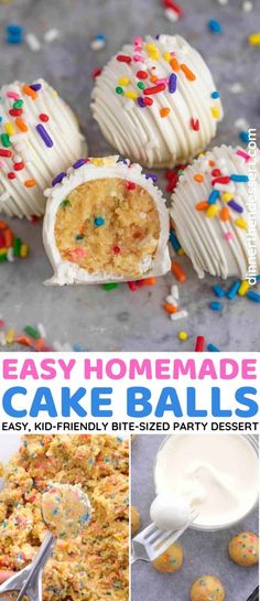 easy homemade cake balls with colorful sprinkles and white frosting on top