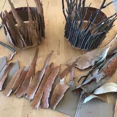 several different types of leaves and branches on a wooden table with paper machs in the middle