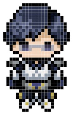 an pixellated image of a boy with blue hair and black pants, standing in front of a white background