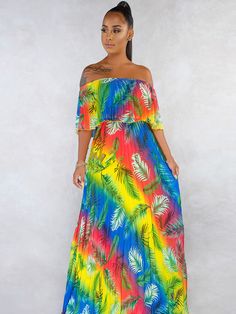 Material: Polyester & Chiffon. Breathable. Lightweight. Soft-touch. and comfortable to wear. Feature: Sexy Off Shoulder. Sleeveless. Tie Dye Ombre Color Block. Full Length. Loose Fit. Pleated. Ruffle. Flowy Swing Summer Beach Maxi Dress. Occasions: Perfect for Casual. Daily wear. Vacation. Wedding. Office. Summer. Beach. Trip. Bridesmaid. Party. Cocktail. and Date. The unique design will make you be more beautiful and fashionable and elegant. Size Chart:Note:1. The size chart is for reference only. There may be a 1-2 cm deviation in different sizes.2. Color may be lighter or darker due to the different PC displays.3. There may be a slight difference in detail and pattern. Tropical Multicolor Strapless Dress, Multicolor Tropical Strapless Dress, Stretchy Multicolor Maxi Dress For Summer, Chiffon Stretch Beach Dress, Stretch Chiffon Beach Dress, Yellow Stretch Maxi Dress For Beach, Non-stretch Multicolor Floral Print Maxi Dress, Strapless Stretch Maxi Dress For Vacation, Stretch Strapless Maxi Dress For Vacation