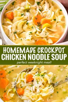 two images showing different types of homemade crockpot chicken noodle soup