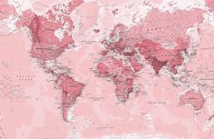 a large pink world map with all the countries and major cities on it's sides