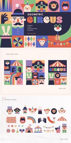 an image of some type of poster with different colors and shapes on it, including clowns