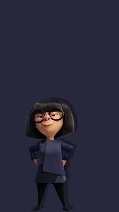 a cartoon character with glasses and a black hair standing in front of a dark background