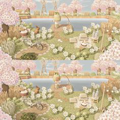 an image of a wallpaper with flowers and animals in the grass, water and trees