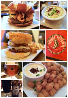 several pictures of food and drinks on a table in a restaurant, including burgers, macaroni and cheese