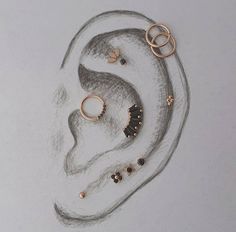 an ear with five different types of rings on top of it, and three other pieces of jewelry in the middle