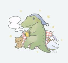 a drawing of a dinosaur sitting on a bed with two birds and one bird holding a cup