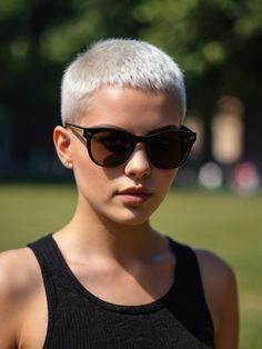 Buzz Cut Hairstyles Woman, Blonde Buzzcut Woman, Buzz Cut Women Round Face, Woman Buzzcut, Shaved Head Styles, Shaved Pixie Cut, Buzzed Hair Women, Shaved Pixie