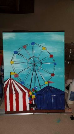 a painting of a circus tent and ferris wheel