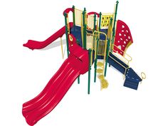 a red and green playground set with slides