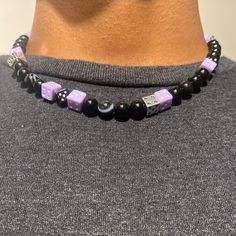 Black And Lavender Dice Beaded Choker. Made With Obsidian Crystal Beads. Steel Dice Beads Added For Flair. All Pieces Are Handmade! Casual Black Beaded Necklace With Colorful Beads, Purple Festival Jewelry With Black Beads, Purple Jewelry With Black Beads For Festival, Purple Beaded Chain Bracelets For Festival, Purple Beaded Bracelets With Black Beads As A Gift, Purple Beaded Necklace With Round Black Beads, Adjustable Purple Beaded Necklaces With Large Beads, Adjustable Purple Beaded Necklace With Large Beads, Black Beaded Amethyst Jewelry