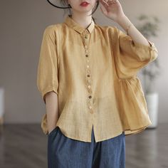 Sku CY-!120020 Material Cotton Style Literary Feature Solid Color Neckline Lapel Occasion Going out , Casual , Vintage Seasons Spring, Autumn, Winter Type Shirt Color White, Pink, Yellow, Green Size One size Size Chart: Please consult the size chart we provide for this item's measurements to help you decide which size to buy. Please note: There may be 1-3cm differ due to manual measurement. CM Bust Shoulder Sleeve Length One size 124 35 38 61 Casual Mustard Collared Top, Mustard Collared Casual Top, Mustard Long Sleeve Casual Shirt, Yellow Collared Blouse With Relaxed Fit, Yellow Short Sleeve Blouse For Fall, Yellow Relaxed Fit Collared Blouse, Mustard Casual Button-up Top, Casual Mustard Button-up Top, Mustard Button-up Casual Top